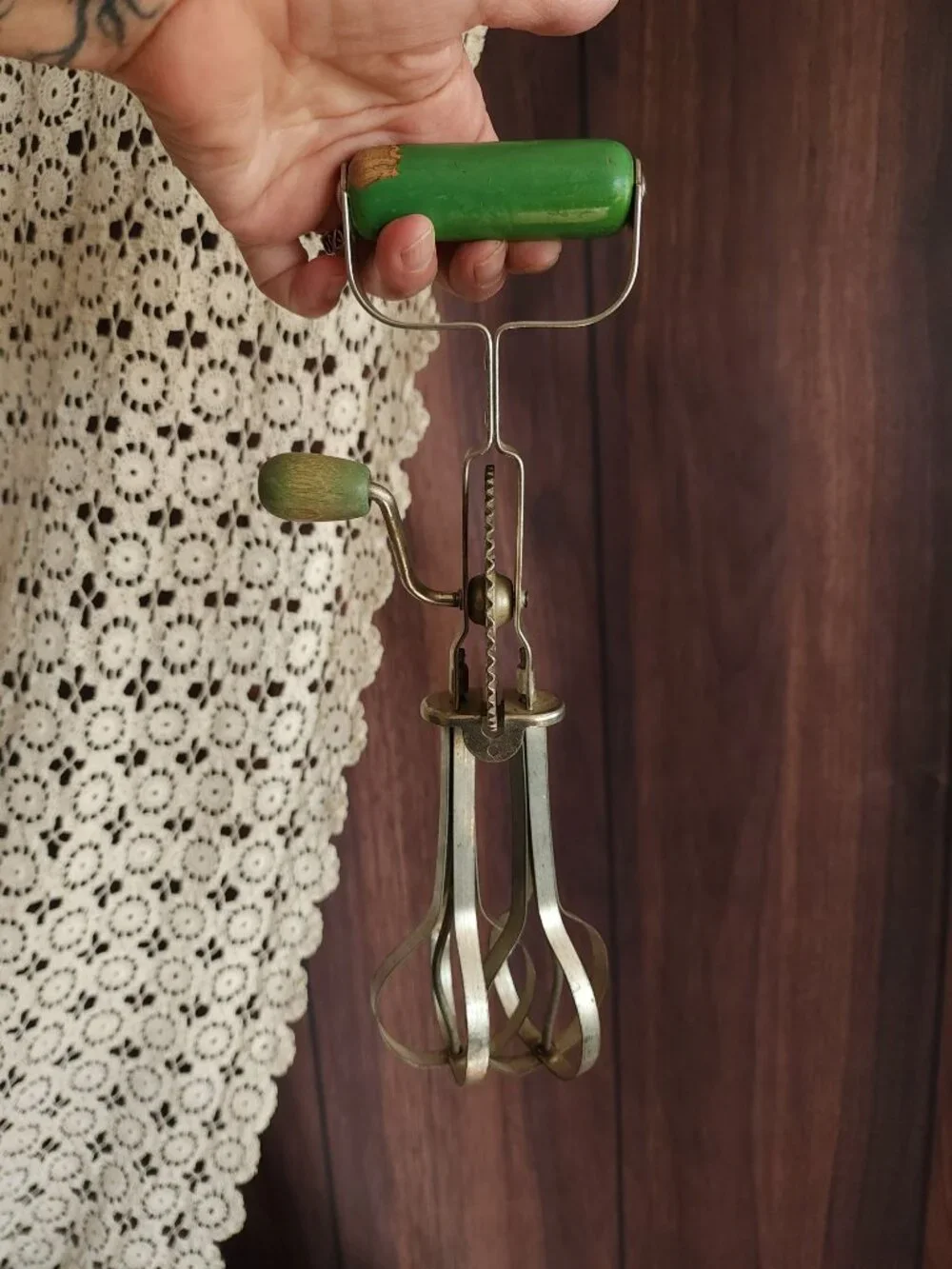 Vintage 190s Hand Mixer, A&J Manual High Speed Egg Beater with Green Wood Handle